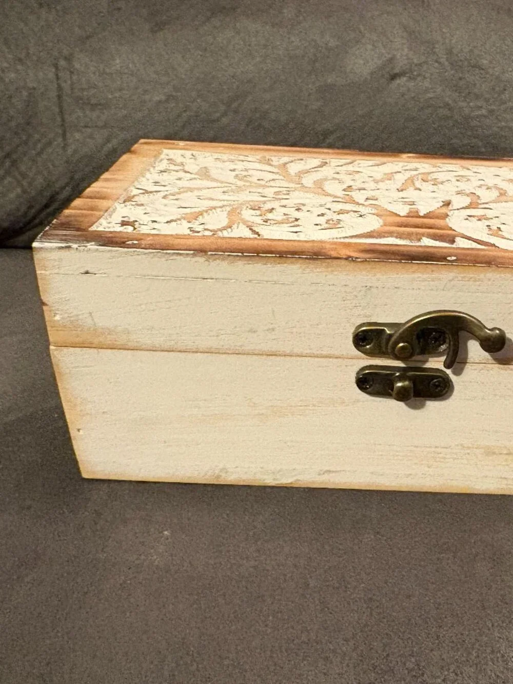 Carved Mango Wooden Box-Rustic Farmhouse w/ Hinged Lid-Whitewashed-8